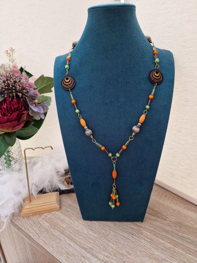 Collier Sautoir Doré Perles Orange Vert Marron