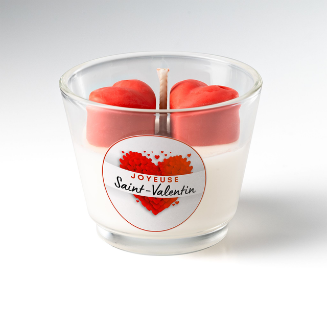 Bougie artisanale parfumée en cire de soja naturelle décorée 2 cœurs – Idée cadeau Saint-Valentin pour les amoureux, petit(e) ami(e), femme, mari (V1)