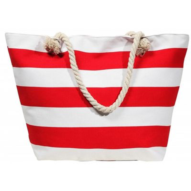 sac de plage textile 52X35X12  couleur rayée rouge et blanc anse tressée blanc