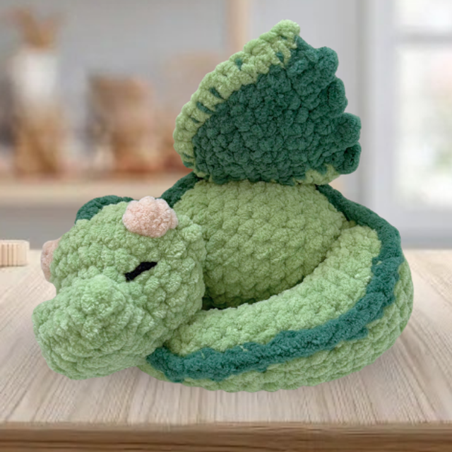 Crochet Plush Large Sleeping Dragon, Green & Dark Green, Ukca tested