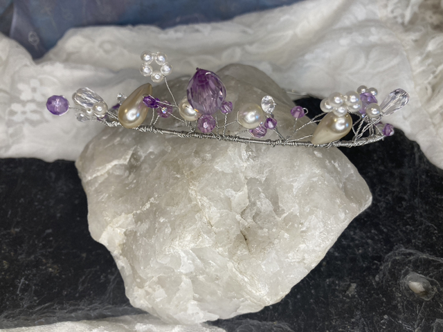 Purple and Pearl Flowers &amp; Leaves Tiara Unique Beaded Tiara hand-wired for Brides, Bridesmaids or Proms 