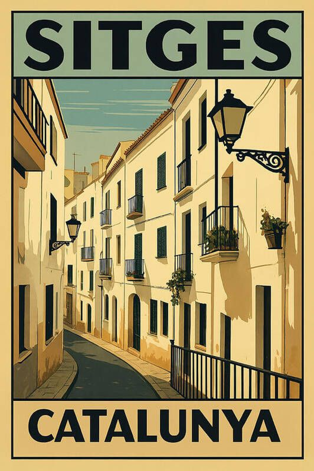 Póster vintage de Sitges, Catalunya. Arquitectura mediterránea.