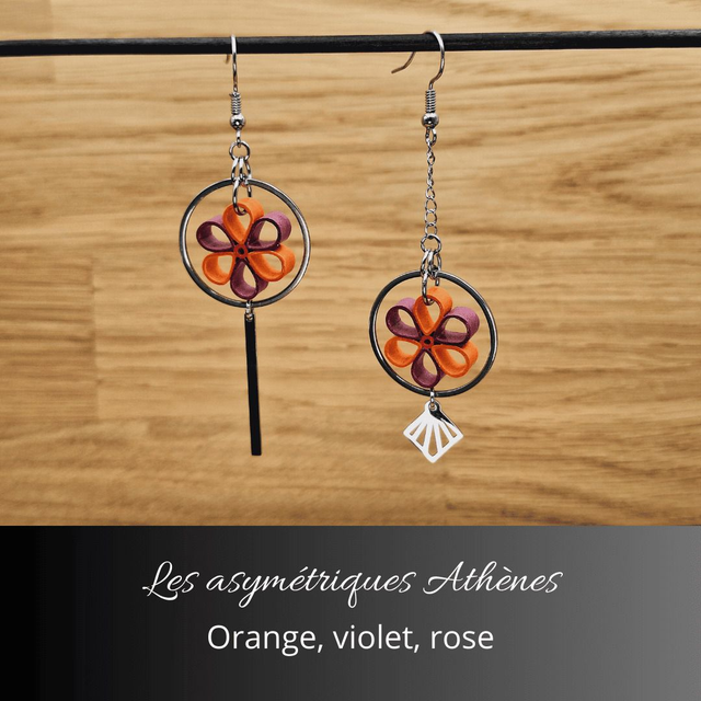 Boucles d'oreilles asymétriques Athènes - Orange violet et rose