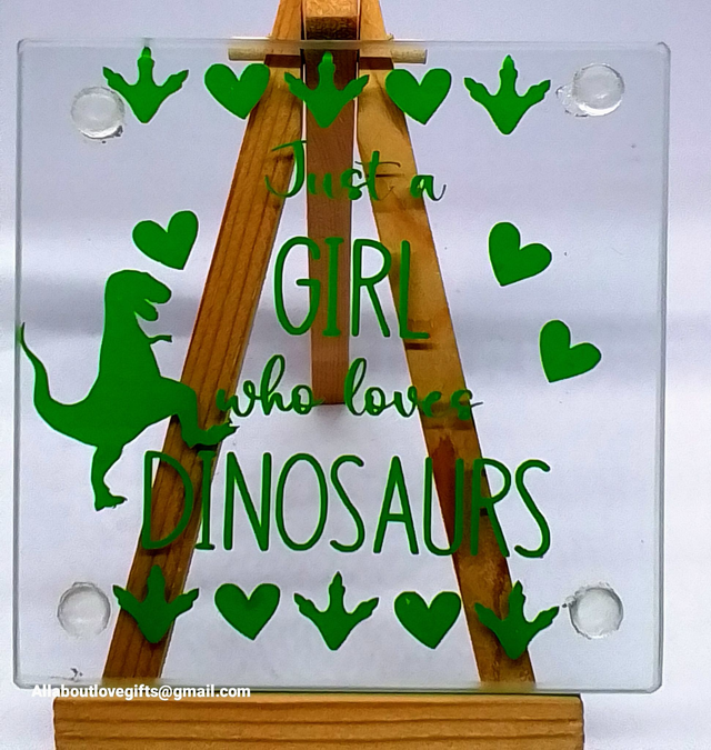 Girl that Loves Dinosaurs Hand Designed Glass Coaster. 