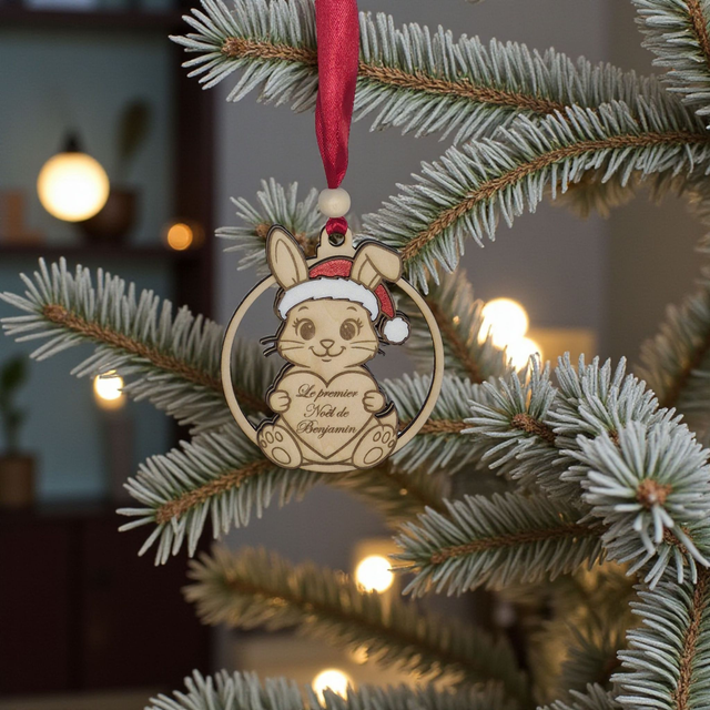 Boule de Noël en bois personnalisée - premier Noël, cadeau de naissance avec prénom, déco Lapin
