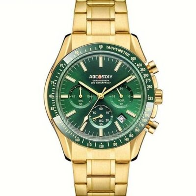 Montre à quartz étanche pour homme, chronographe bracelet acier doré date