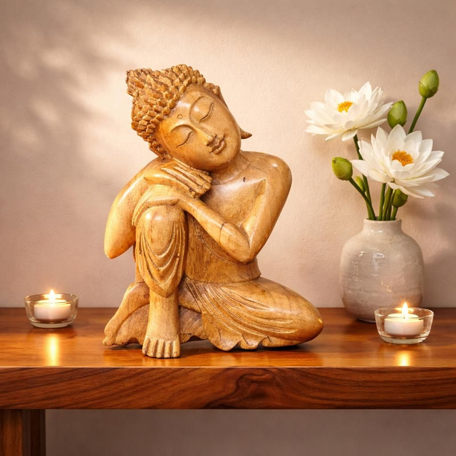 Statue "Bouddha Penseur" 30 cm en bois sculpté à la main