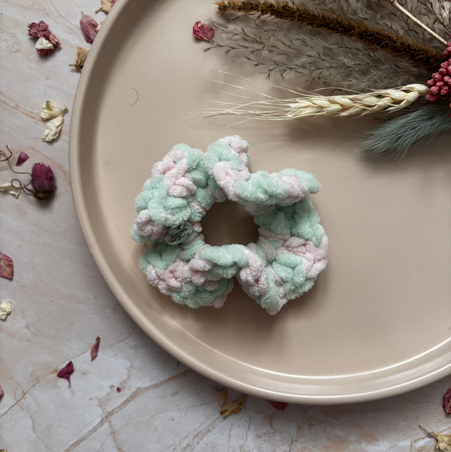 Chouchou Zéphyr vert pastel et vieux rose