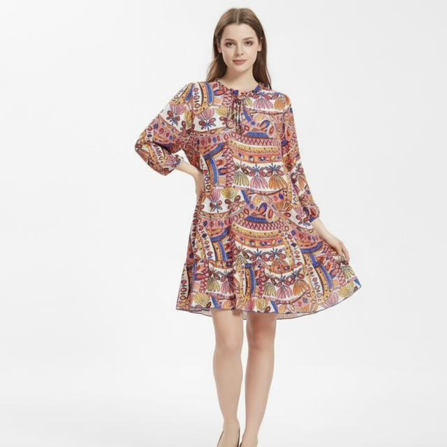 Robe Tunique Ample Courte à Imprimé Ethnique Multicolore et Manches Longues