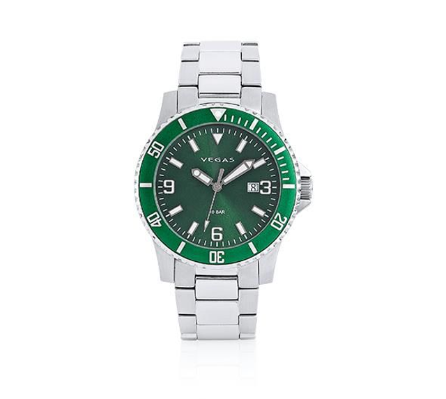Herenhorloge Ø 43 mm – groene wijzerplaat & roestvrijstalen band