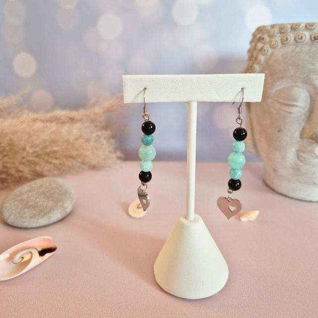 Boucles d’oreilles MAYA – Amazonite du Pérou, Obsidienne du Mexique &amp; Cœur