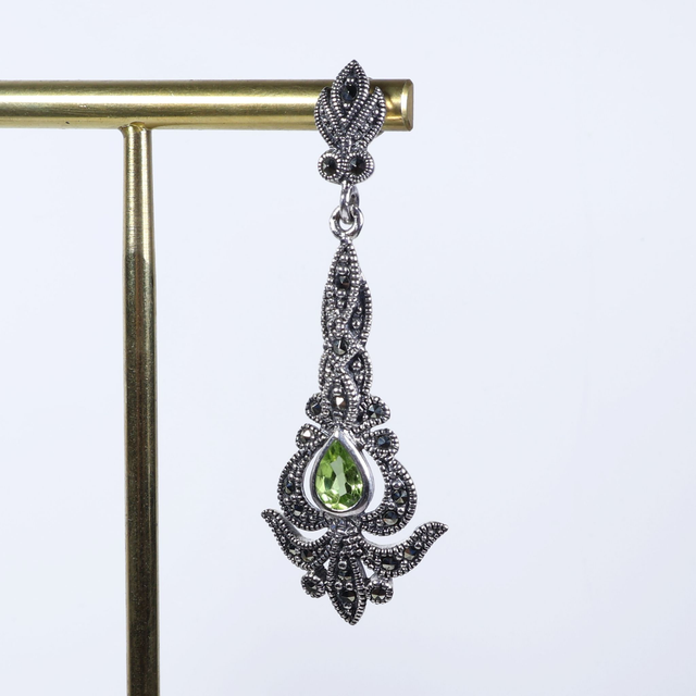 Art Nouveau Style Sterling Silver 925 Pear Cut Green Peridot Marcasite Gemstone August Birthstone Ornate Arrow Design Drop Earrings