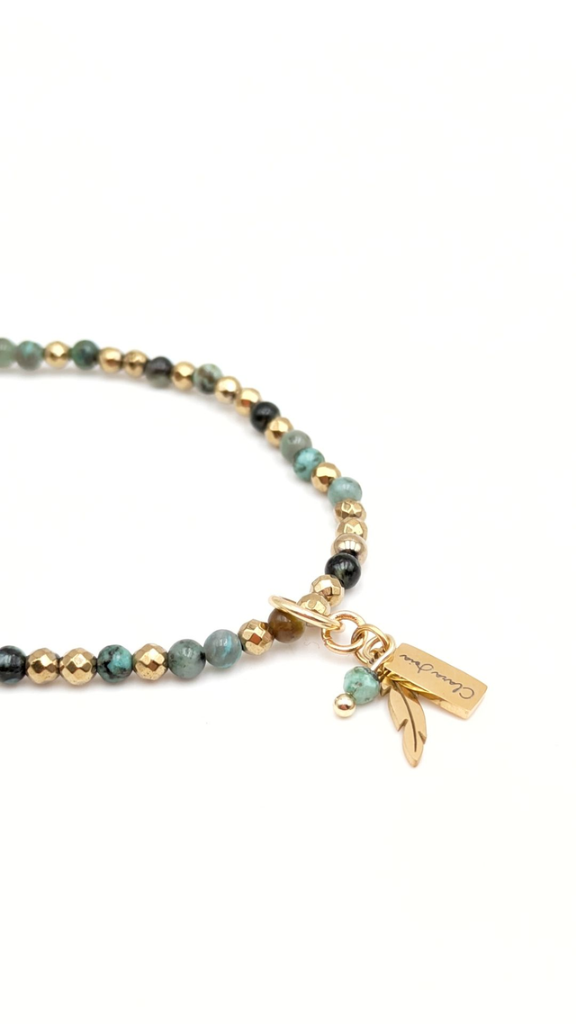 🌍 Bracelet Turquoise africaine &amp; Hématite dorée – Perles facettées 3 mm