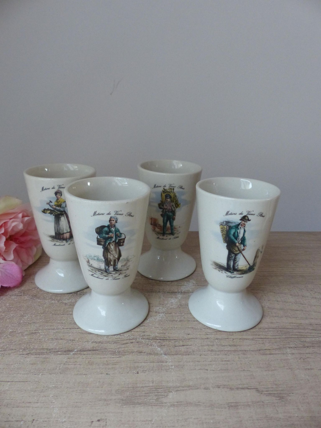 Ensemble de 4 mazagrans 'métiers du Vieux Paris', lot de quatre mugs, tasses, verres à café vintage décoration maison cuisine tradition