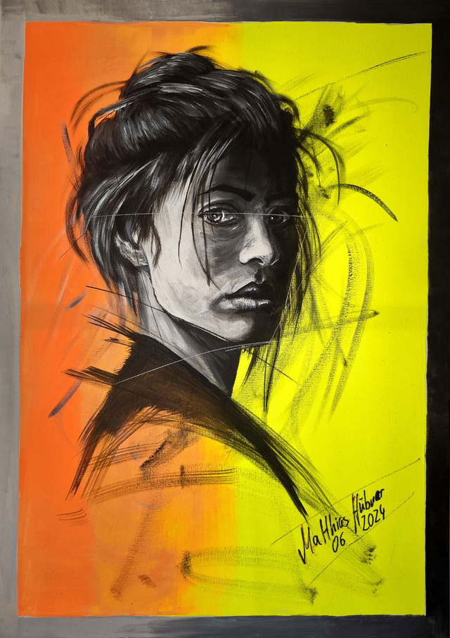 Gemälde "Portrait" - UV-reaktives Gesicht zwischen Figur und Auflösung