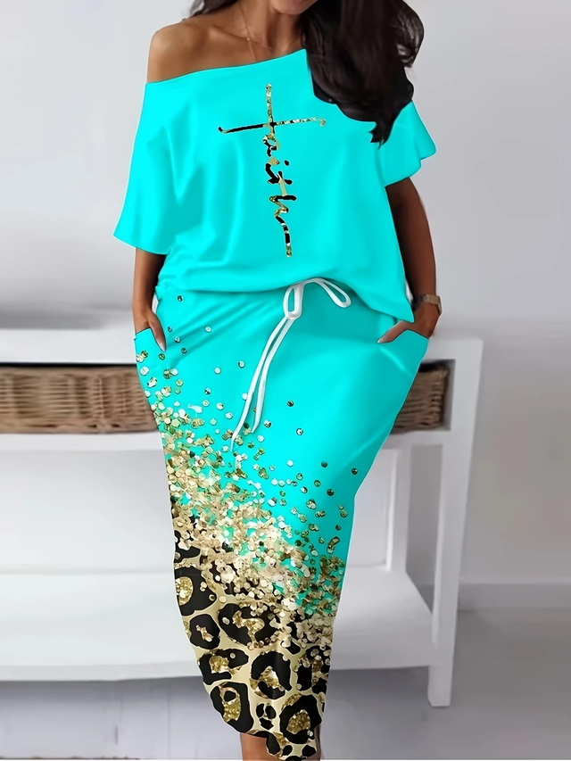 Women Elegant Off-Shoulder Turquoise Dress with Golden Cross &amp; Beaded Detail 