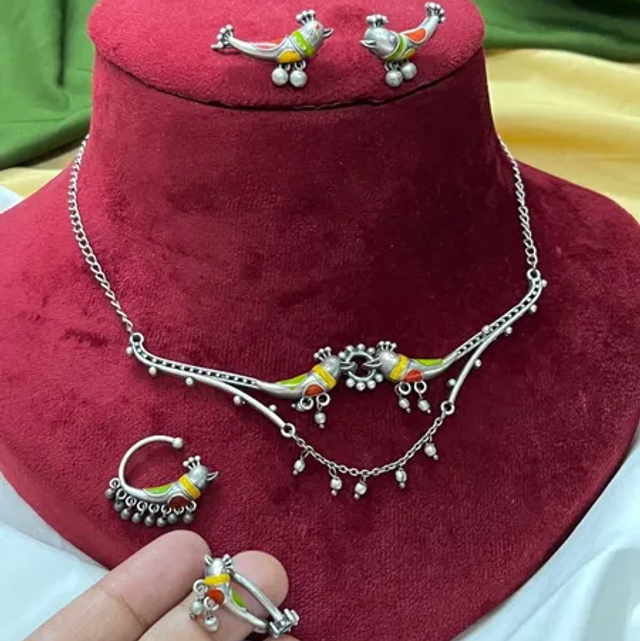 Trendy Silver Replica Meenakari Bird Choker, Earrings, Finger Rings and Nose Pin Combo Pack 