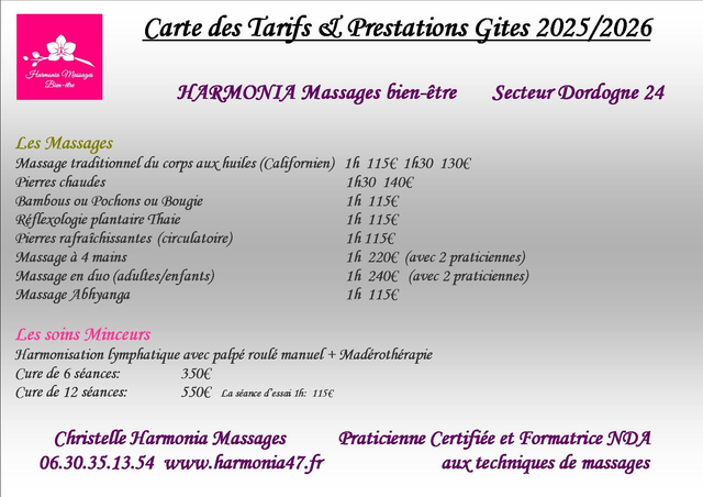 GITES TARIFS PRESTATIONS MASSAGES SECTEUR 24 (Dordogne)