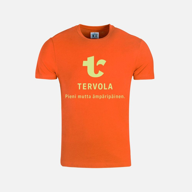 Tervola, pieni mutta ämpäripäinen T-paita (oranssi vihreällä painatuksella)