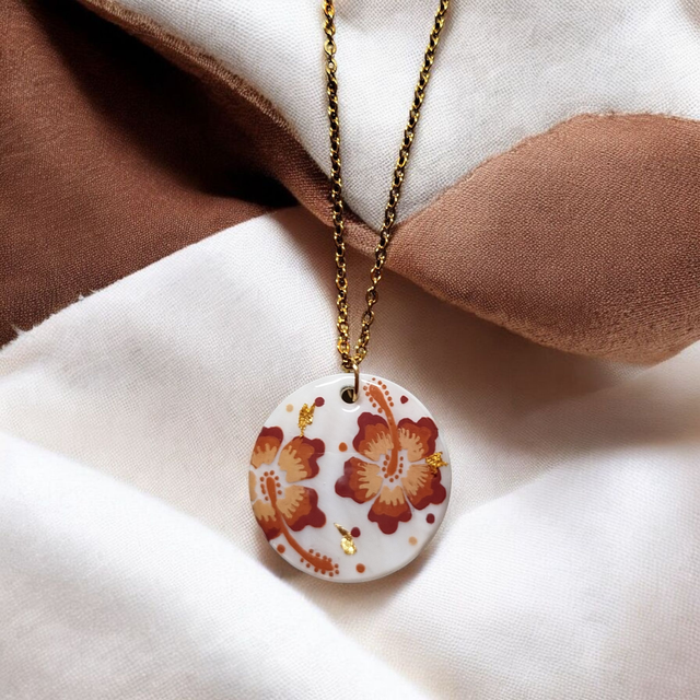 Collier dessiné Flora acier inoxydable marron nacre