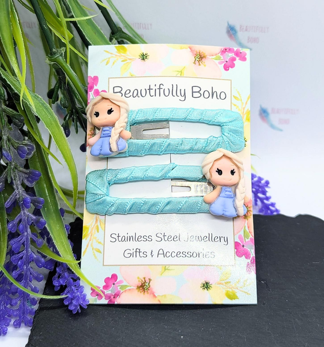 Blue Ribboned Elsa Snap Hair Clips 