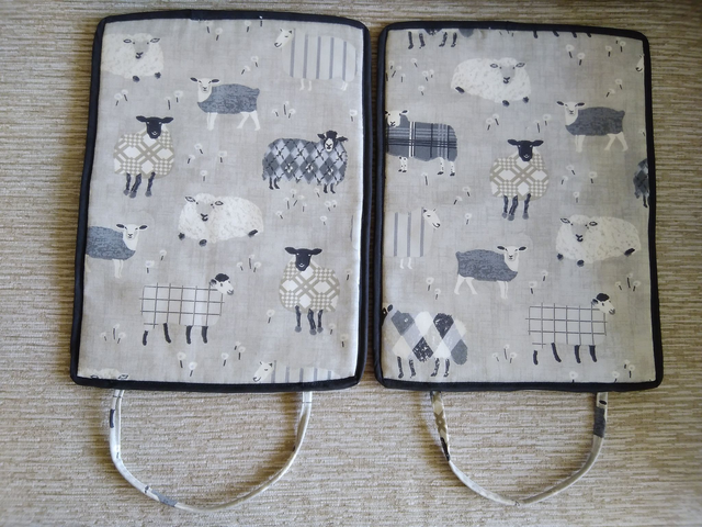 Pair of Rayburn Lid Covers Charcoal Baa Baa Sheep Print Fabric