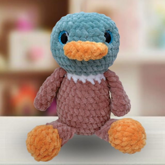 Crochet Chenille Mallard Duck Cuddle Buddy, Glitter Eyes, Ukca tested