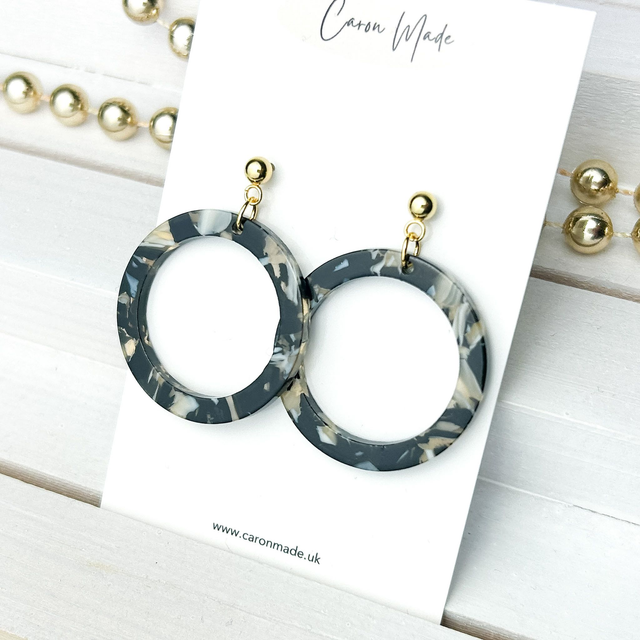Black beige and gold acrylic circle earrings