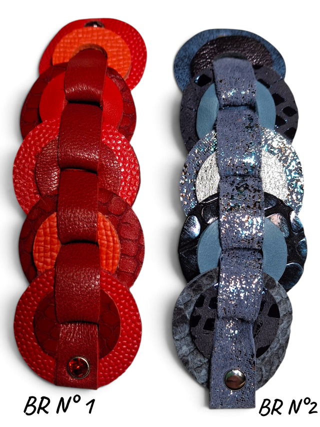 Barrette en cuir tressé – Tons Rouges & Bleus