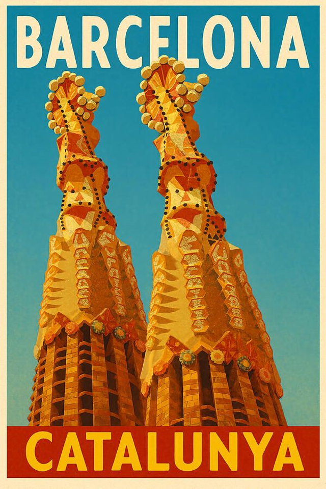 Póster Viaje Vintage Barcelona Cataluña Torres Sagrada Familia