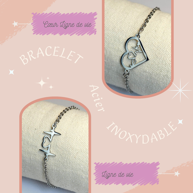Bracelet en acier inoxydable - Cœur &amp; Ligne de vie