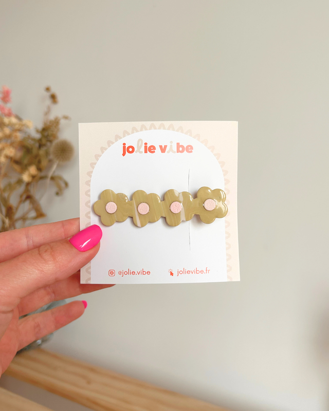 Barrette fleur - Vert et rose pastel