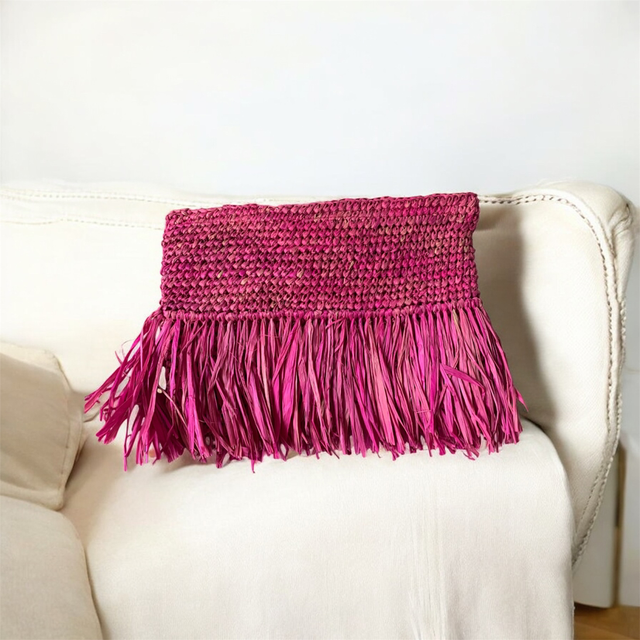 Pochette en raphia rose| Raffia Straw Clutch - Pink