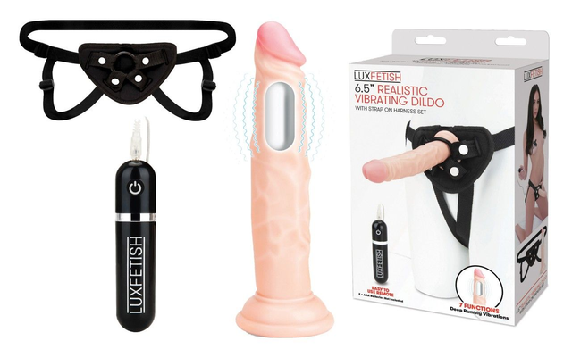 LUX FETISH 6.5" Realistic Vibrating Dildo &amp; Strap-on Harness Set