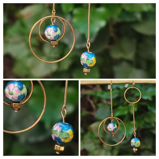 Z-Asymétrique porcelaine petite fleur et cercle en acier inoxydable doré -sans nickel pièce unique 