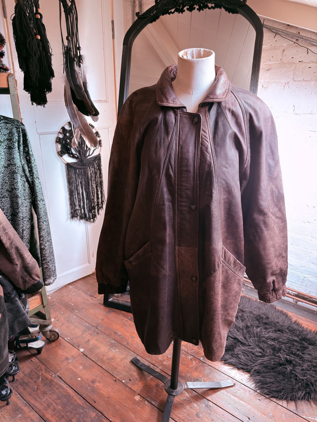 Brown Leather Jacket – Oversized 80’s Style (Size 42)