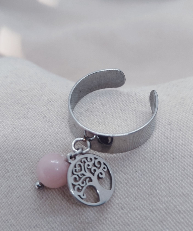 Bague ajustable 47 à 52 et pendentif &quot;arbre de vie&quot; acier inoxydable et pierre naturelle (opale rose)