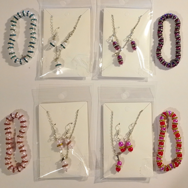 Ladies Handmade Pearlescent &amp; Rhinestone Silver Coloured Necklace, Bracelet &amp; Earring Set - 4 Colours