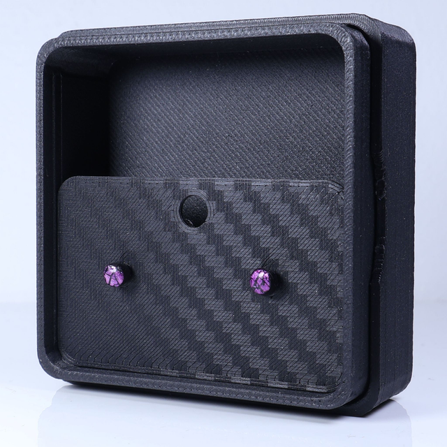 Hypoallergenic Small Electric Cracked Plum Purple Black Polymer Clay Plastic Back Stud Earrings With Designer Carbon Fiber Jewellery Box