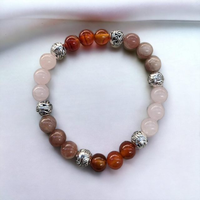 Confiance / Bracelet en Quartz rose / Cornaline / Pierre de Soleil - 8 mm