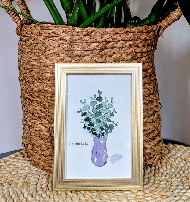 Eucalyptus et Or - Aquarelle Originale avec cadre
