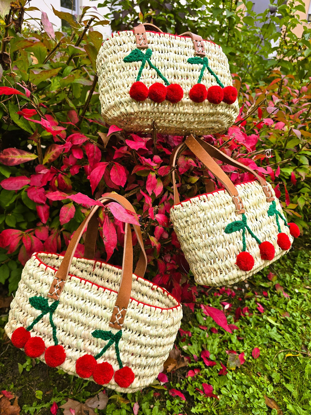 Mini Paniers "Bohème" motif cerises en feuilles de palmier et anses en cuir