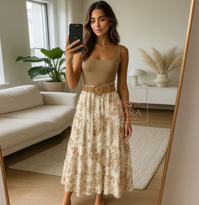 Maxi Rock weiß beige mit Gürtel Onesize