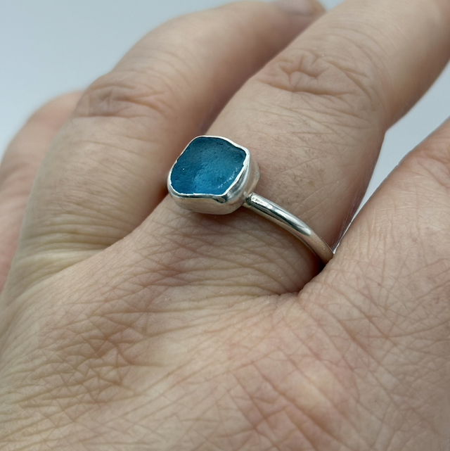 Teal Seaglass & Recycled Silver Ring Size U