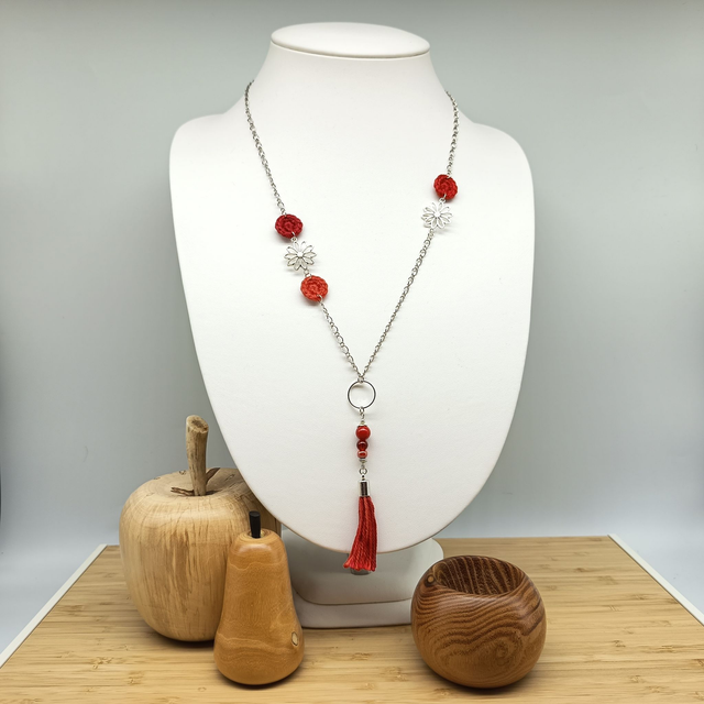 Parure rouge et argenté 2 - Sautoir Herbes Folles