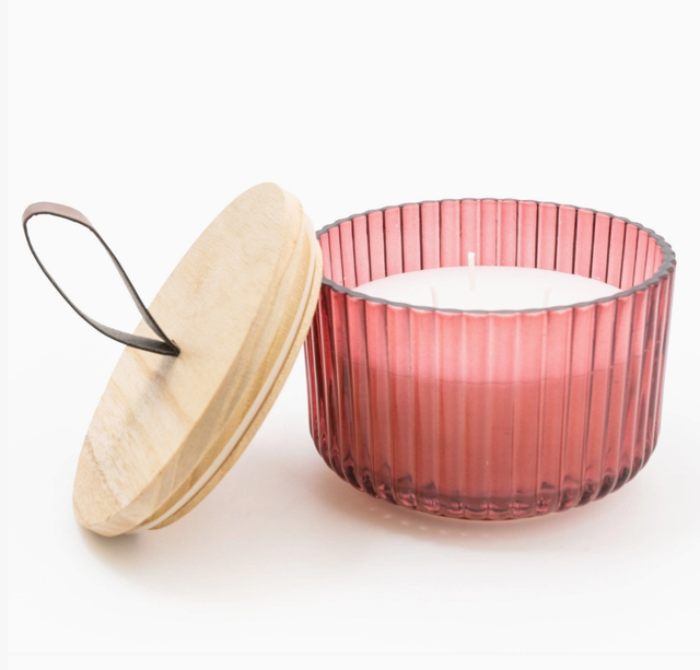 Candlelight - Ridged Glass Jar with Wooden Lid Red Pomegranate & Cassis Scent 9cm