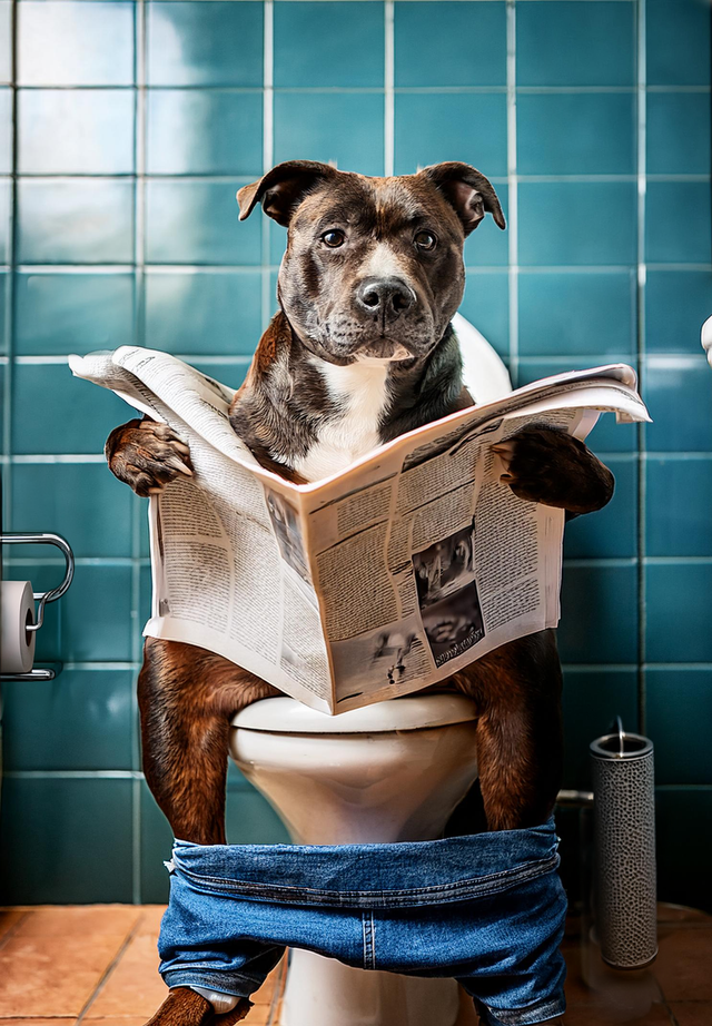 Staffordshire Bull Terrier on the Toilet Framed Canvas