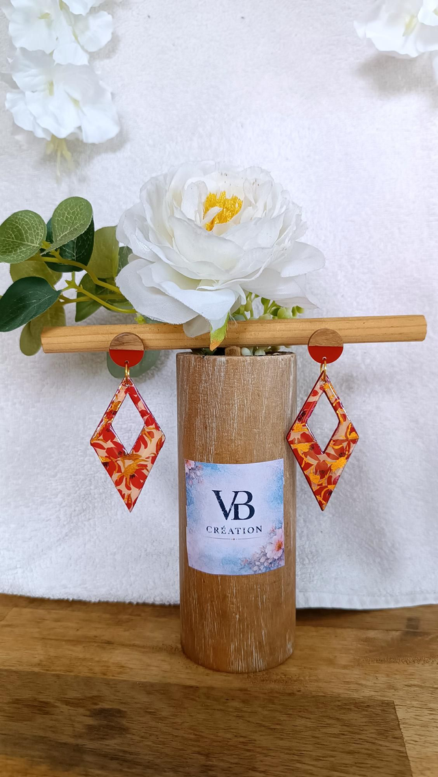 Boucles d'oreilles puces bois losanges rouges