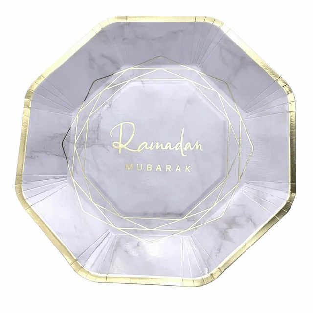 Ramadan Mubarak Plates - White Gold - 10 pcs