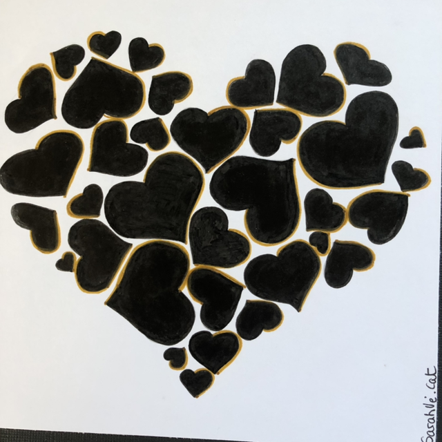 Cœur en cœurs noir &amp; or  - 22 x 22 cm - encadrement noir 